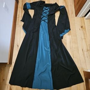 Womens Medieval Black and Teal Long Sleeve Dress